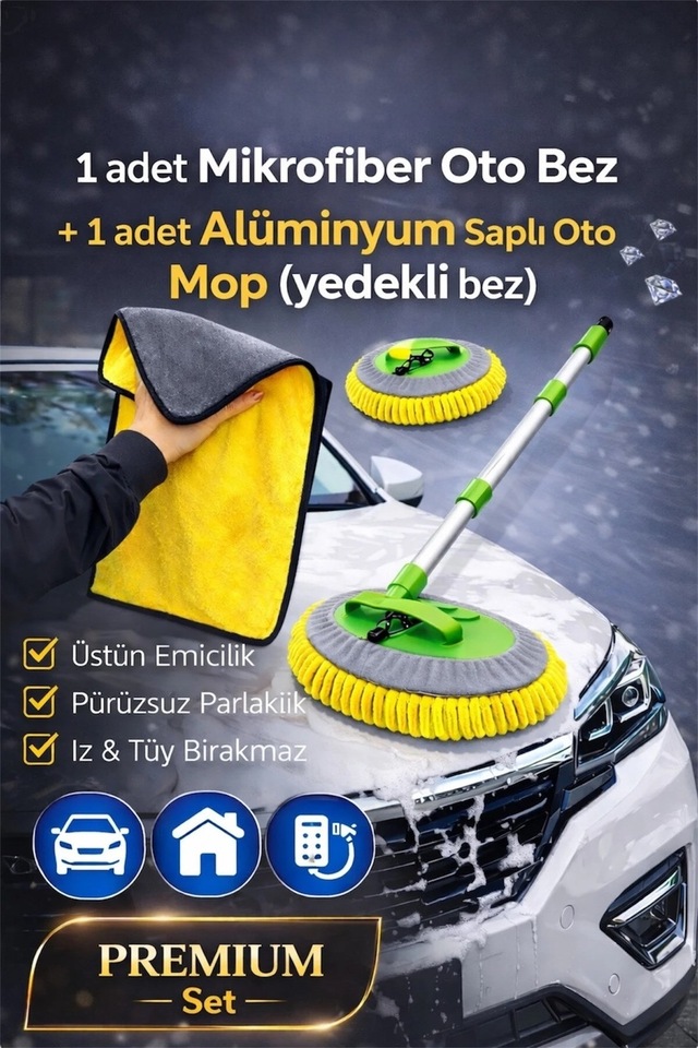 2 Li Premium Set & Mikrofiber Oto Bezi & Paslanmaz Alüminyum Saplı Çok Oto Mop Art Yedeği