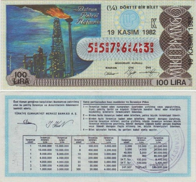 Eski Milli Piyango 19 Kasım 1982 Çeyrek 1/4 Bilet. Batman Petrol Rafinerisi Temalı 100 Lira K Serisi. Teşhir Ürün