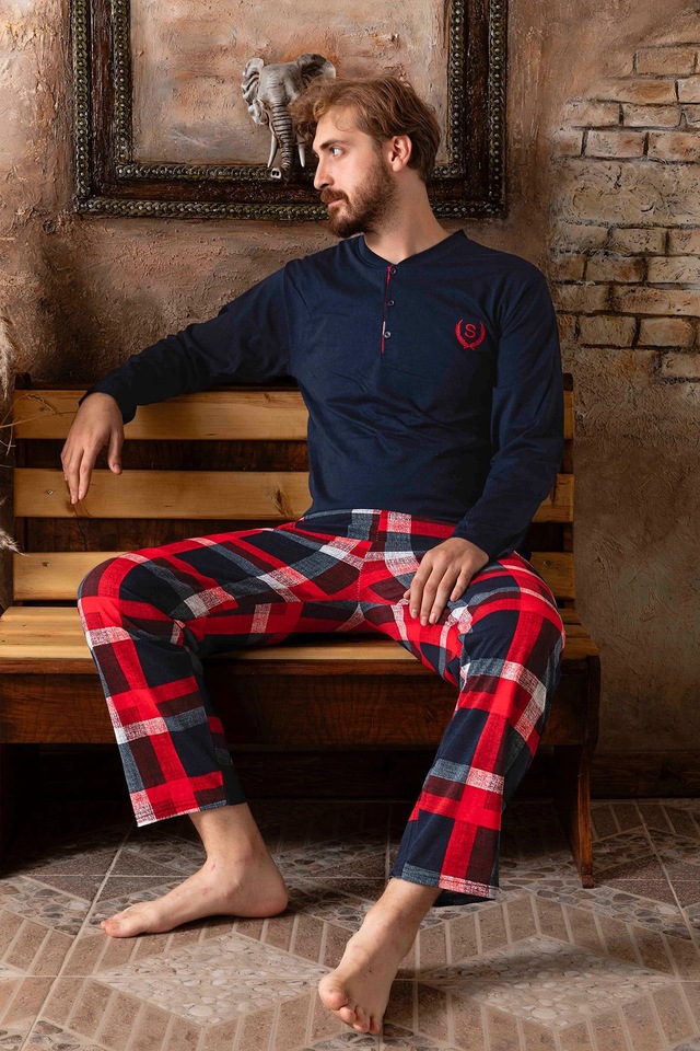 Lukitus Uzun Kollu Düğmeli Ekose Erkek Pijama Takımı Lacivert