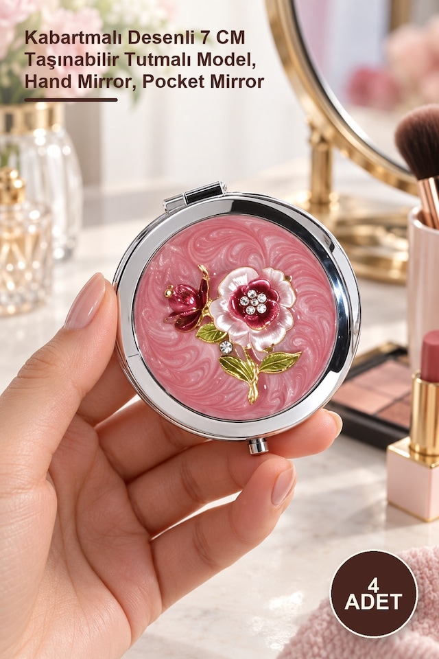 4 Adet El Aynası Kabartmalı Desenli 7 Cm Taşınabilir Tutmalı Model, Hand Mirror, Pocket Mirror