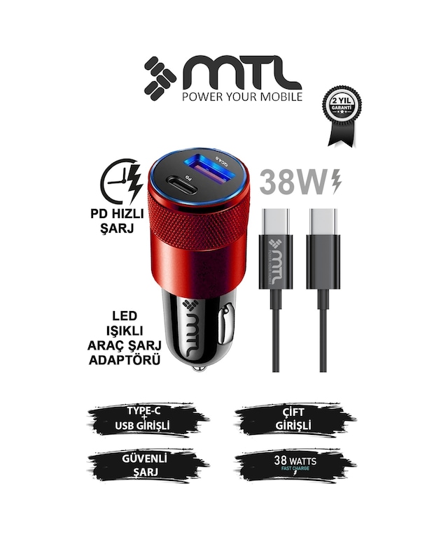 Araç Şarj Aleti Çakmaklık 38w Type-c Type-c + Usb Çift Portlu - Qualcomm Qc 4.0 Desteği Mt-a1835