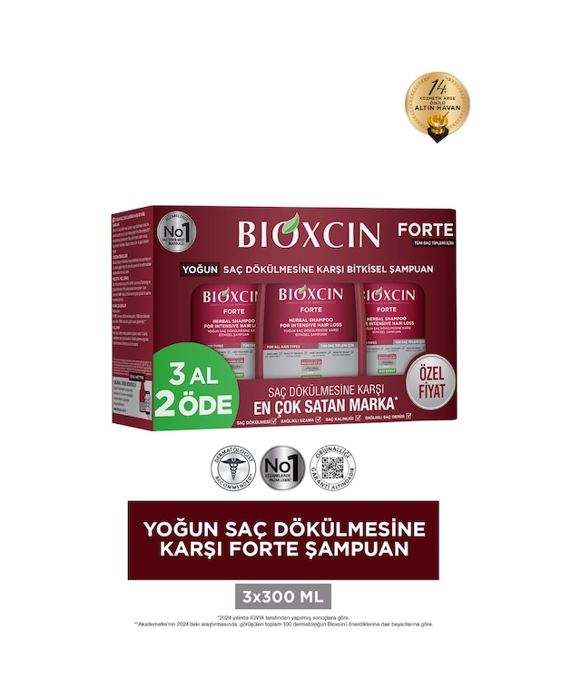 Bioxcin Forte Şampuan Tüm Saç Tipleri Için 3x300ml - Yoğun Dökülme Şampuanı Avantajlı Paket