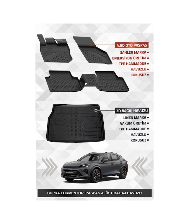 Sahler Cupra Formentor Mild Hybrid 2024+ Uyumlu 4.5d Premium Havuzlu Oto Paspas Ve Liner Marka 3d Üst Bagaj Havuzu