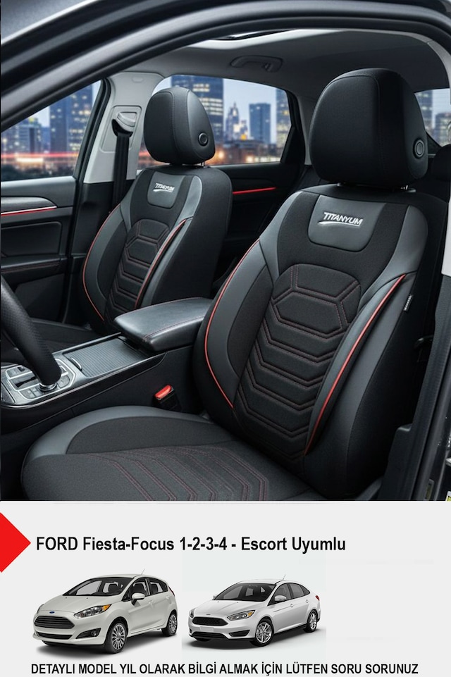 Titanyum Serisi Lüks Keten Oto Koltuk Kılıfı - Ford Focus-fiesta İle Uyumlu Kırmızı