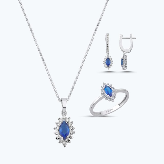 Altınbaş Mavi Taşlı Altın Üçlü Markiz Set Autk0032-b-24627-l-set