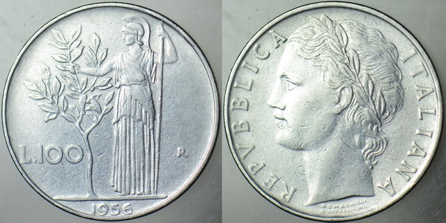İtalya 100 Liret 1956 Tanrıça Minerva Görselli.