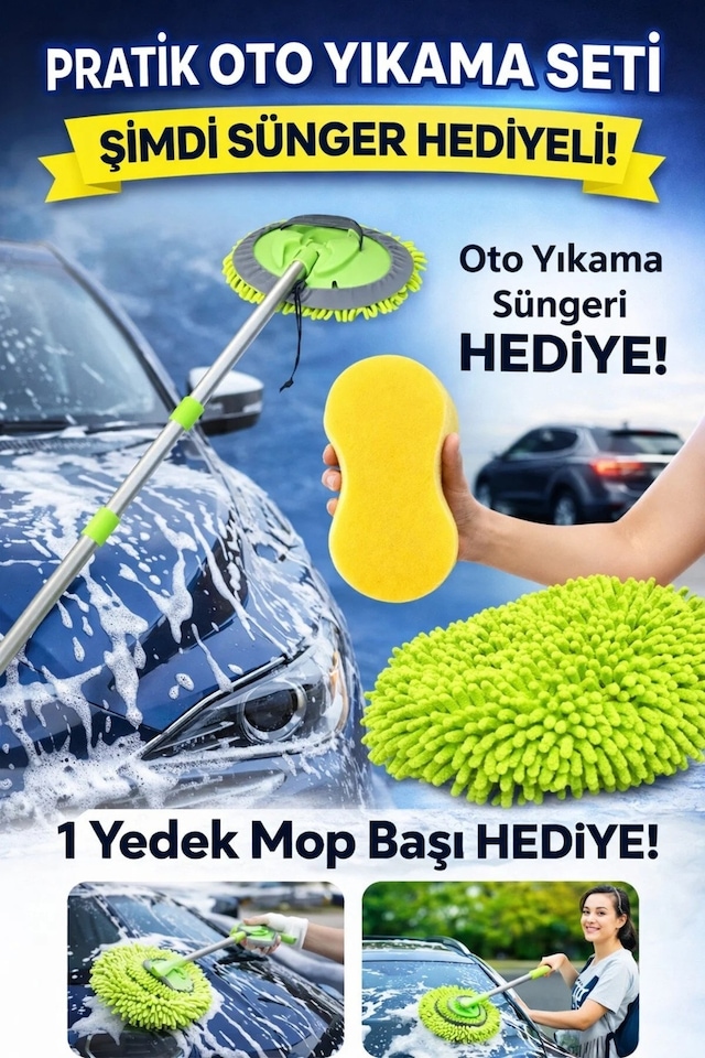 Çok Fonksiyonlu Teleskopik Saplı Oto Yıkama Kurulama Mopu +1 Başlık Hediye +1 Adet Sünger Hediye