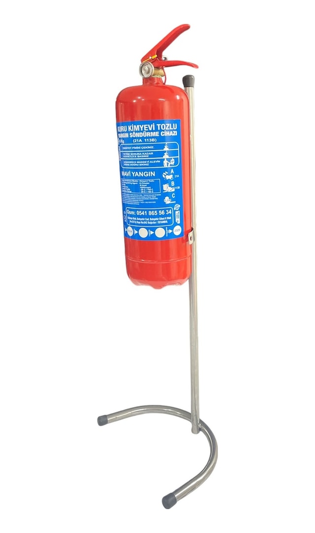 Kuru Kimyevi Tozlu Yangın Söndürme Tüpü 6 KG ve Krom Nikelaj Yangın Tüpü Sehpası