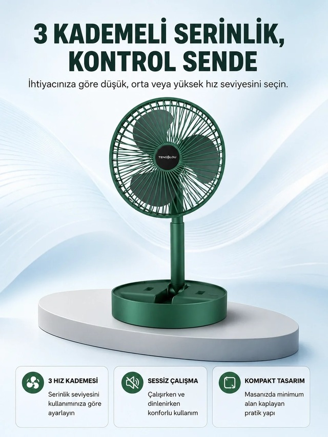 Ers Taşınabilir Katlanabilir Mini Fan 3 Kademeli Şarj Edilebilir