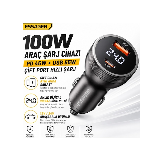 Essager 100w Araç Şarj Cihazı Pd Type C 45w + Usb 55w Çift Port Hızlı Şarj Dijital Göstergeli Araç Şarj Adaptörü