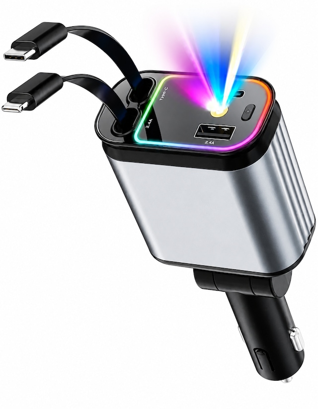 3'ü 1 Arada Hızlı Araç Şarj Cihazı Usb + Type-c + İos Entegre Kablolu Pd Hızlı Şarj 180 Dönebilen Başlık Led Aydınlatmalı