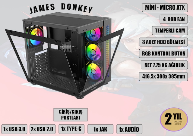 James Donkey STARK S800 ATX 4x Fans Black Tempered Glass 750W PSU 80+ Bronze