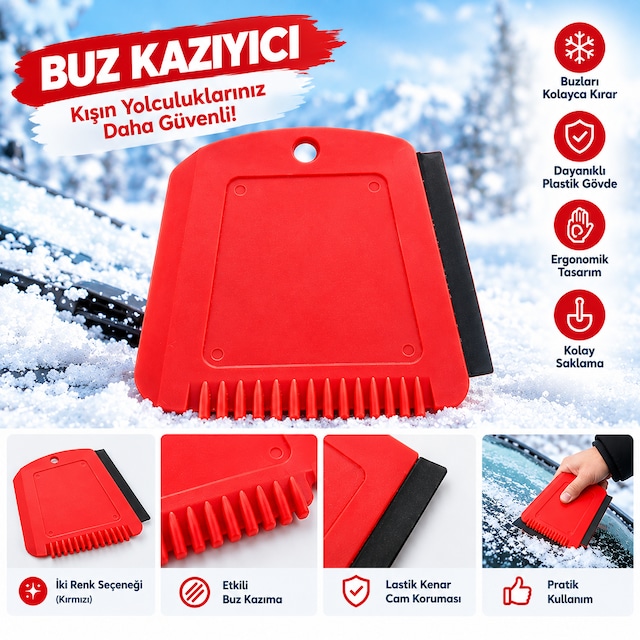 Arkado Araç Buz Kazıyıcı Kırmızı Plastik Buz Temizleme Aparatı Lastik Kenarlı Kışlık Oto Aksesuarı