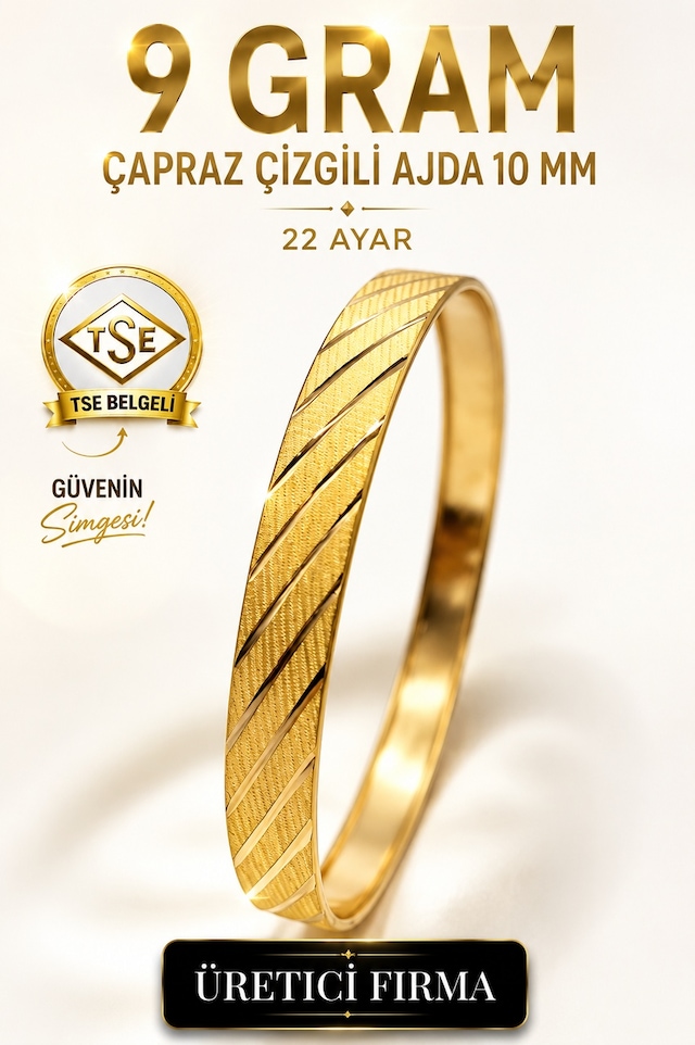 22 Ayar Tse Belgeli 9 Gram Çapraz Çizgili Ajda 10 Mm Ajda Altın Bilezik İşçiliksiz
