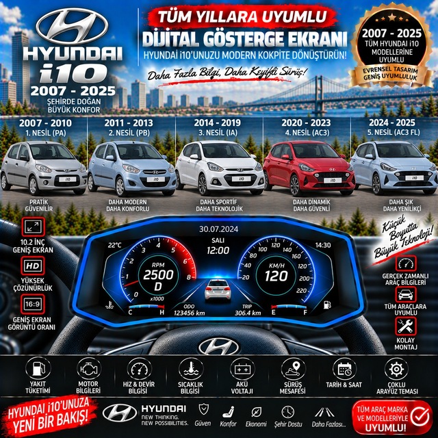 Hyundai İ10 2007-2025 İçin Digital Gösterge Odb Ekran Arıza Göstergesi Turbo Gösterge Hayalet Ekran