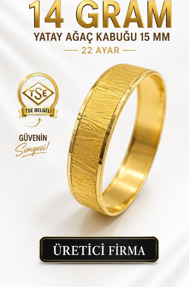 22 Ayar Tse Belgeli 14 Gram Yatay Ağaç Kabuğu 15 Mm Ajda Altın Bilezik İşçiliksiz Yatırımlık