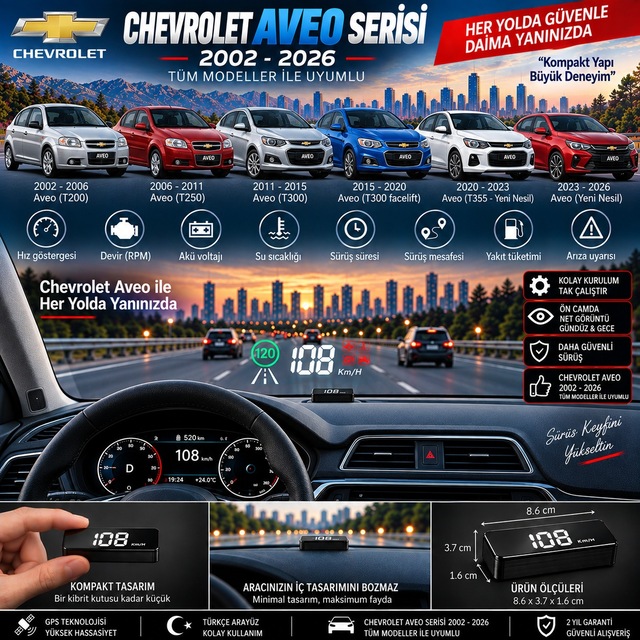 Chevrolet Aveo Serisi 2003-2026 Modeller İçin Head Up Display Hayalet Gösterge Ekranı Ön Cam Hız Göstergesi