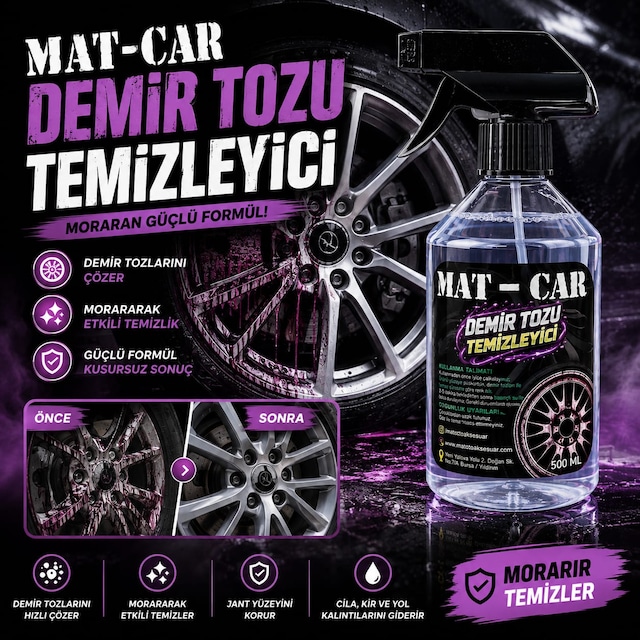 Mat-car Demir Tozu Sökücü Moraran Jant Temizleyici Demir Tozu İlacı Oto Araç Jant Temizleyici Mor Temizlik Ürünü 500ml
