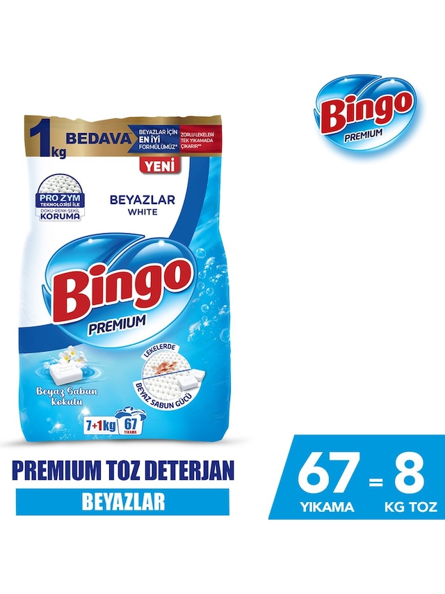 Bingo Matik Premium Beyazlar için 8 KG Beyaz Sabun Kokulu Toz Deterjan