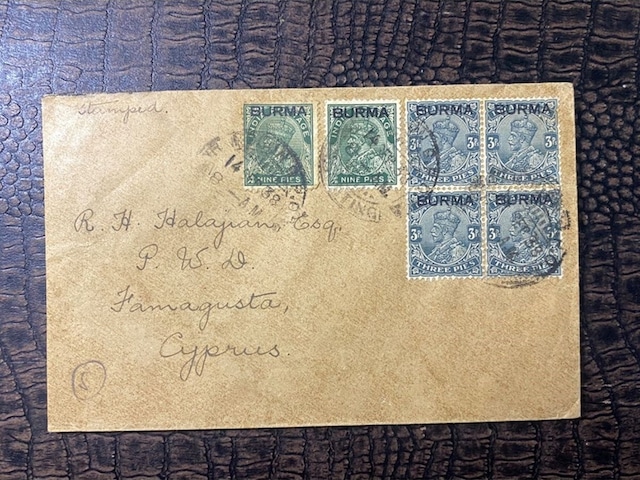 1938 Damgalı Hindistan'dan Kıbrısa Gönderilmiş Zarf Famagusta Ve Limasol Varış Damgalı Burma Sürşar Teşhir Ürün