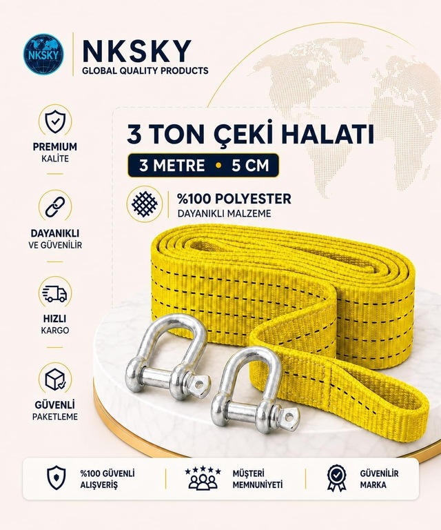 Nksky 3 Ton Araç Çekme Halatı 3 Metre 5 Cm Genişlik Güçlendirilmiş Uçlu Oto Çeki Halatı Sarı