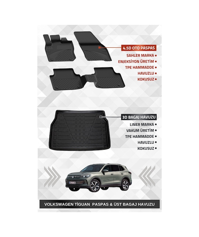 Sahler Volkswagen Tiguan 2024+ Uyumlu 4.5d Premium Havuzlu Paspas Ve Liner Marka 3d Üst Bagaj Havuzu