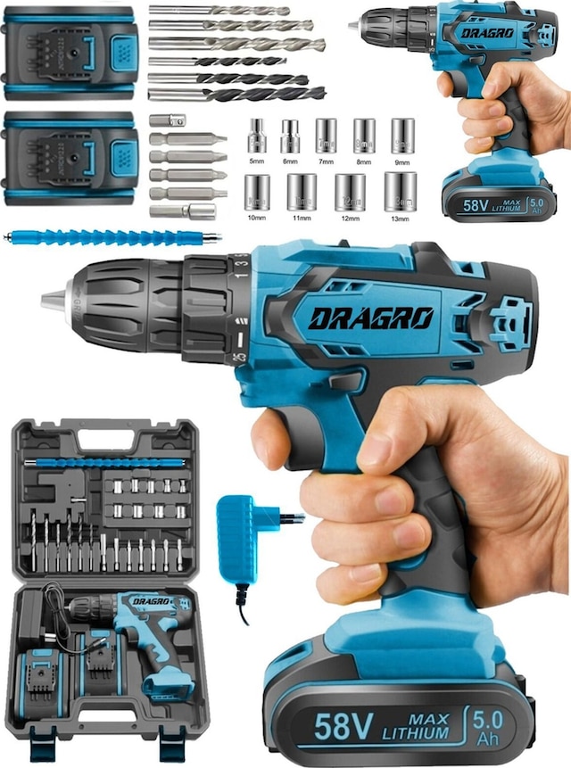 Dragro Alman Drg-krc 58 V 5 Ah Darbeli Bakır Sargılı Metal Şanzuman Şarjlı Çift Akülü Vidalama Matkap Mavi Fişli