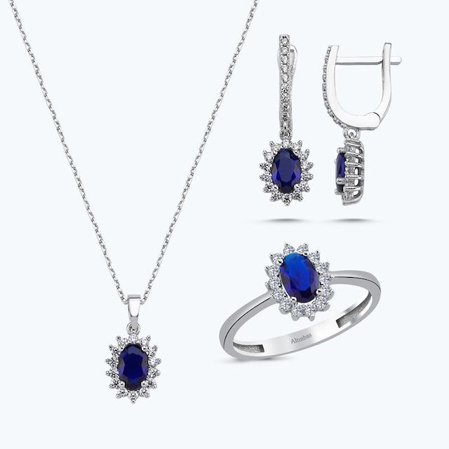 Altınbaş Altın Üçlü Mavi Taşlı Oval Set Utkvr0036-24627-set