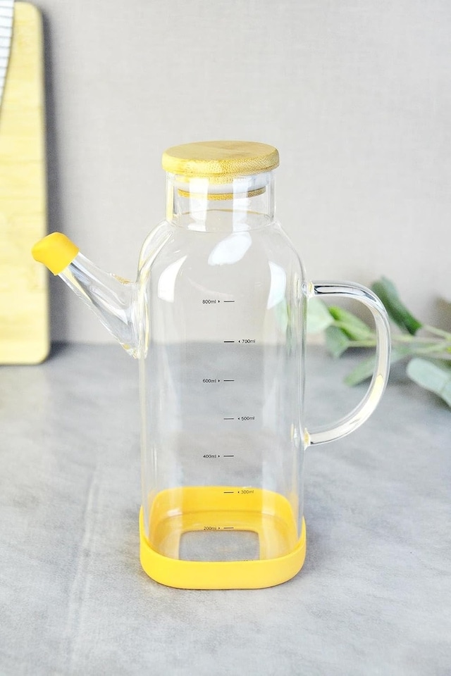 800 Ml Bambu Kapaklı Borosilikat Cam Kare Yağlık