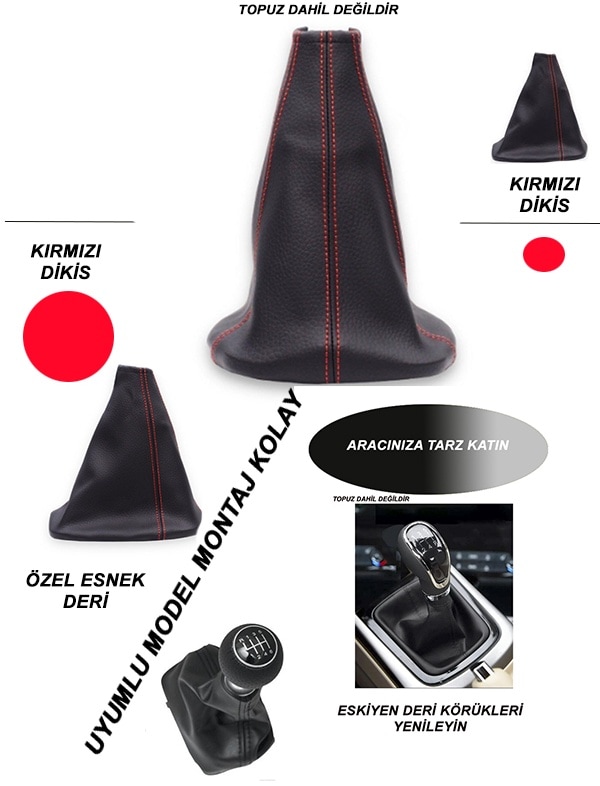 Peugeot 207 C Uyumlu Oto Vites Körügü Siyah Deri Kırmızı Dikiş