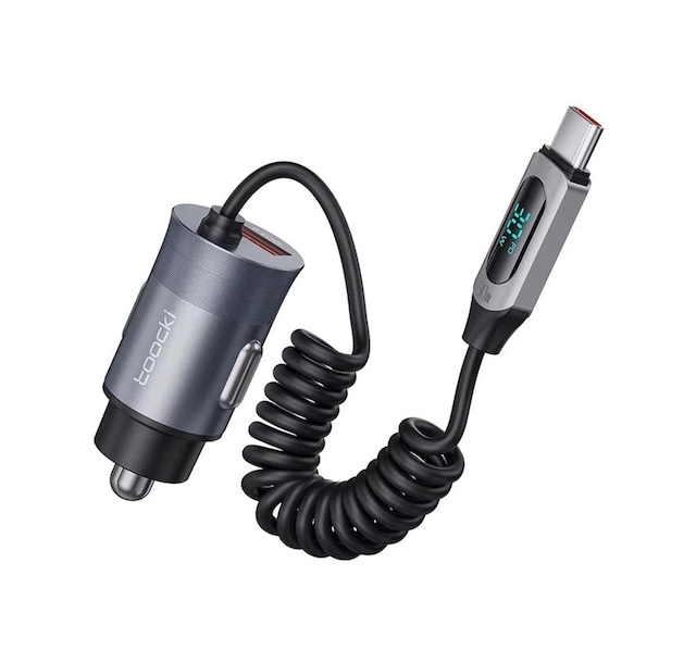 Toocki 65w Spiral Type-c Kablolu Araç Şarj Cihazı Dijital Göstergeli + Usb-a Port