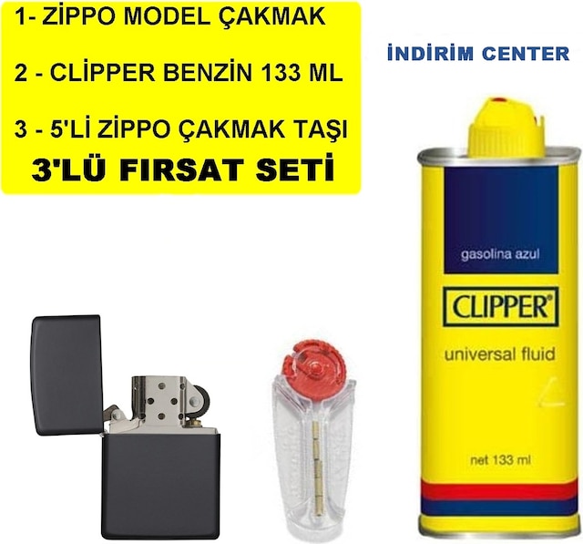 İthal Siyah Çakmak + Clipper Benzin 133 Ml + 5 Li Taşı Set