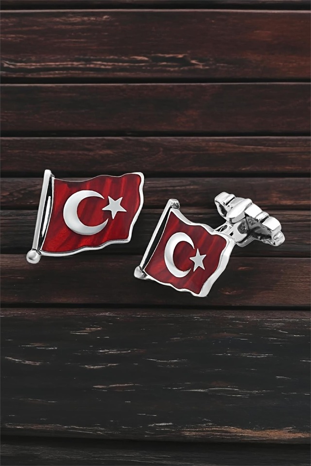 Gümüş Türk Bayraklı Mineli Kol Düğmesi -5708 Gümüş