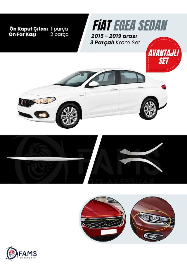 Fiat Egea 2015-2019 3 Parça Krom Set Ön Kaput Çıtası + Ön Far Alt Nikelajı P.çelik