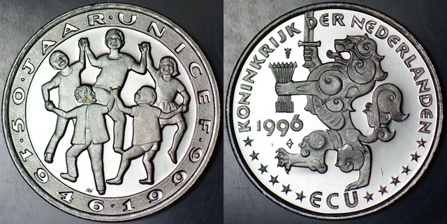 Hollanda 1 Ecu 1996 Unıcef 50. Yıl. Pullu İlk Gün Zarfı İçinde Bilgi Kartıyla. Çil Kondisyon.