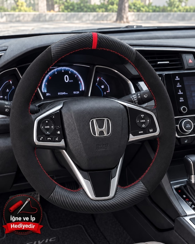 Honda Civic Fc5 Dikme Direksiyon Kılıfı Alcantara Süet Mat Karbon Kırmızı Yüzük Ve Dikiş 2016-2021 Siyah