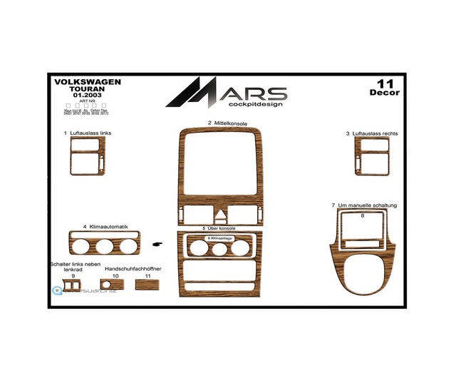 Volkswagen Touran Torpido Kaplama 2003-2009 11 Parça Açık Meşe