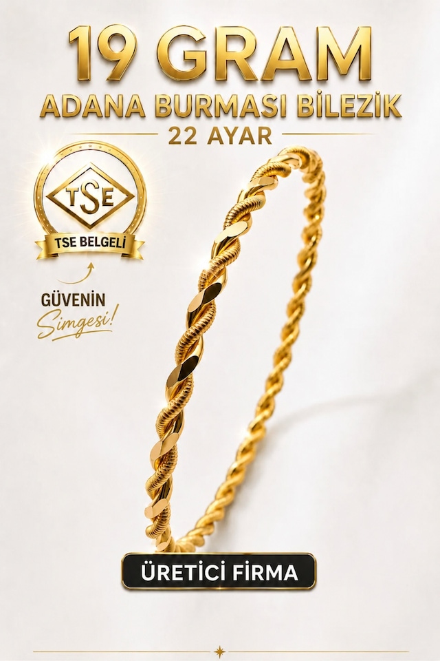 22 Ayar Tse Belgeli 19 Gram Adana Burması Bilezik Altın Gold İşçiliksiz Bilezik Düğün