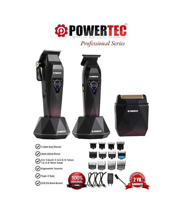 Powertec TR-5800 Saç-Sakal-Ense-Günlük Tıraş Makinesi 3'lü Set 0.5mm Tarak Dahil