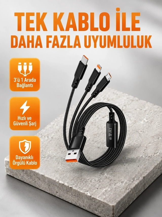 Ers 3 Ü 1 Arada Şarj Kablosu Type-c İos Android Uyumlu Hızlı Ve Güvenli Şarj