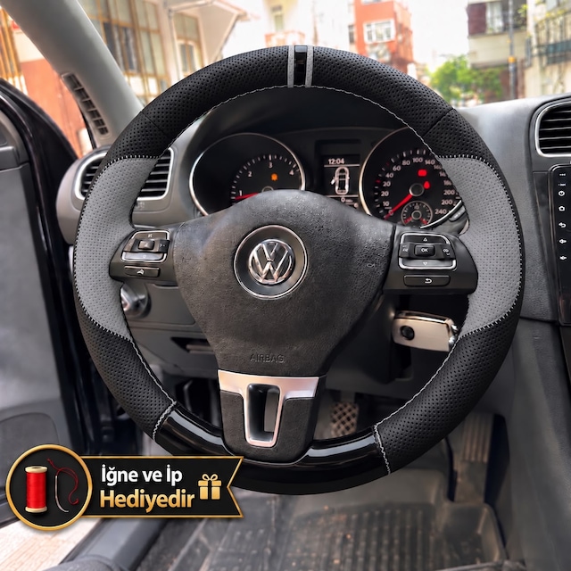 Vw Jetta Mk6 Dikme Direksiyon Kılıfı Delikli Deri Parlak Siyah Gri Detay Çift Yüzük Ve Dikiş 2011-2014
