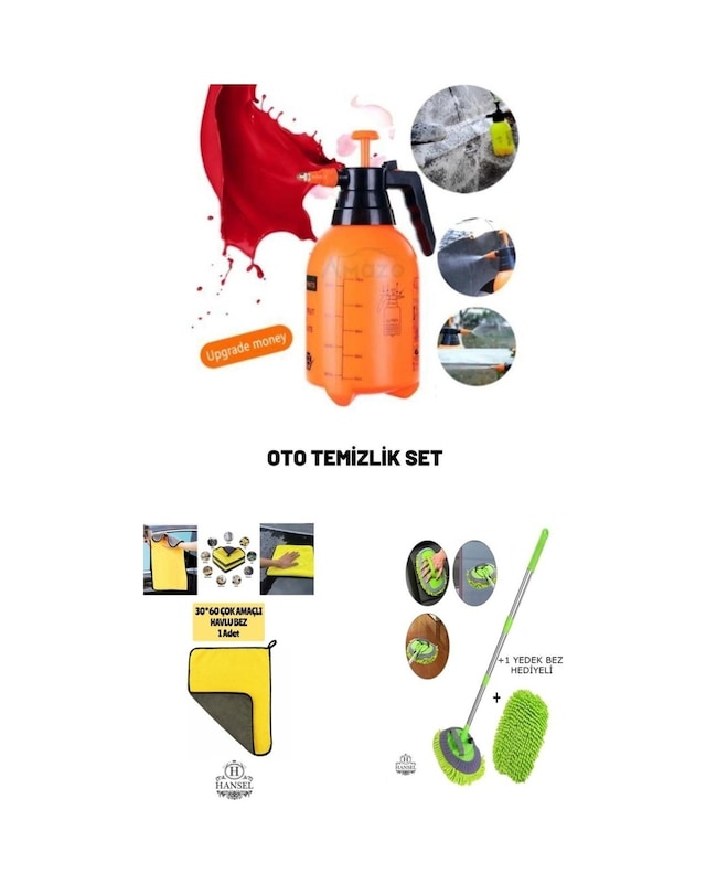 3'lü Set Basınçlı Oto Yıkama Pompası Köpük Yapıcı + Mikofbr Bez