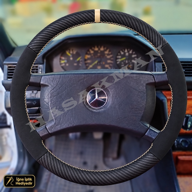 Mercedes E W124-s124-c124 Dikme Direksiyon Kılıfı Alcantara Süet Mat Karbon Bej Yüzük Ve Dikiş 4 Kollu-geniş Dikdörtgen-tuşsuz 1984-1993