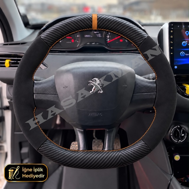 Peugeot 208 Dikme Direksiyon Kılıfı Alcantara Süet Mat Karbon Taba Yüzük Ve Dikiş Access-active 2012-2015