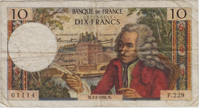 Fransa 10 Frank 1966 Voltaire Temalı. Birkaç İğne Delikleri Var Çok Temiz.