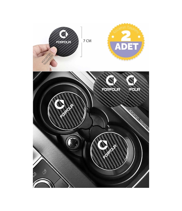 Smart Forfour Siyah Karbon 7 Cm Bardak Altlığı Smart Yazılı Forfour Logolu 2 Adet Dayanıklı Şık Tasarım 2 Adet