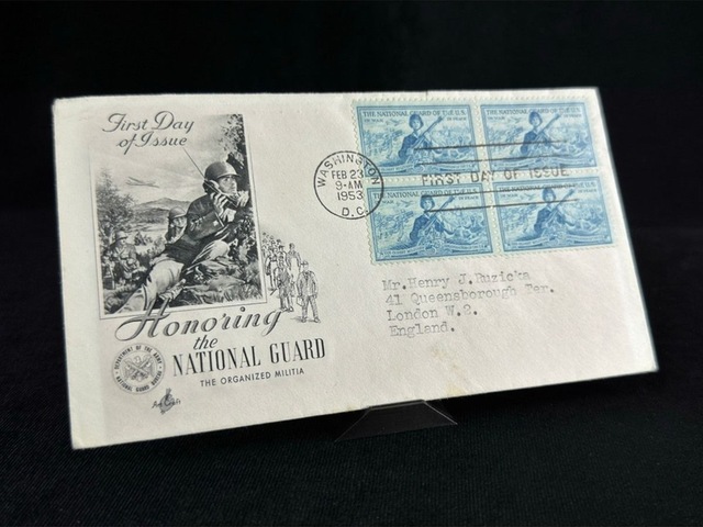 1953 Fdc İlk Gün Zarf Honoring The National Guard Usa Amerika'dan İngiltere'ye Postalanmış Dörtlü B Teşhir Ürün