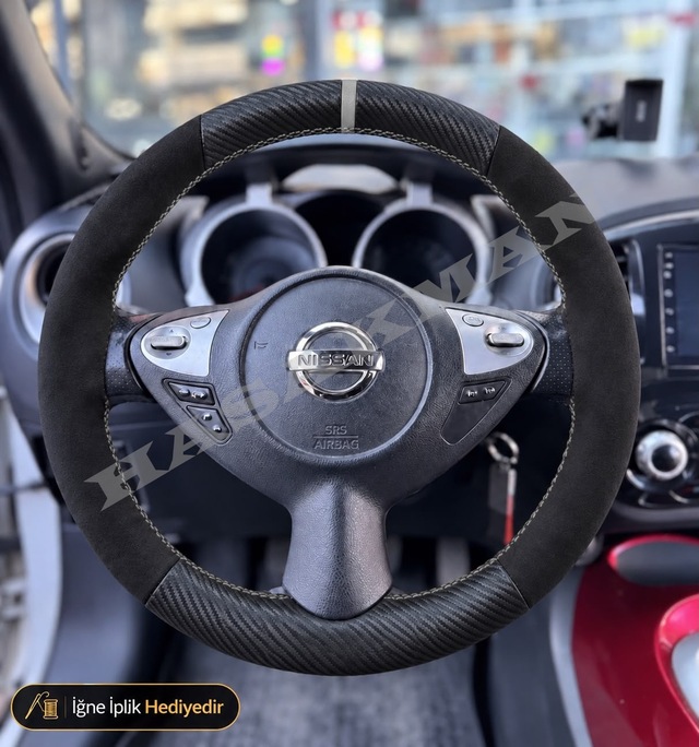 Nissan Micra K13 Dikme Direksiyon Kılıfı Alcantara Süet Mat Karbon Gri Yüzük Ve Dikiş Tekna-match-çift Tarafı Tuşlu 2013-2017