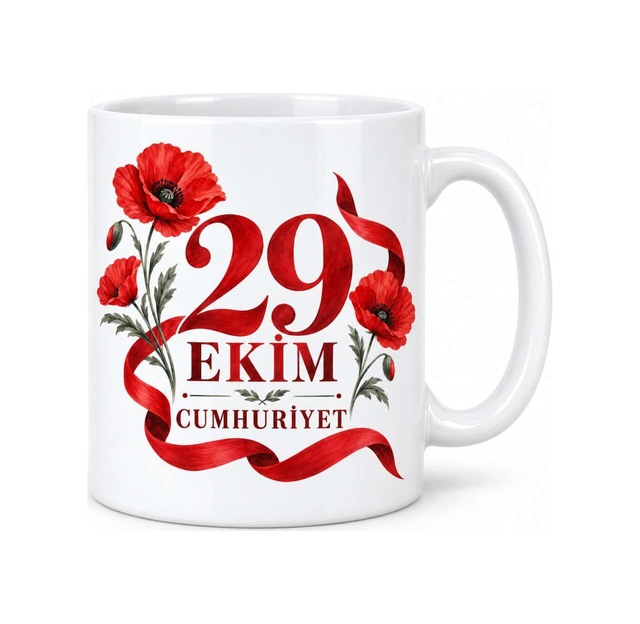 29 Ekim Cumhuriyet Gelincik Çiçekli Porselen Kupa - Kırmızı Beyaz Tasarım - Model 260