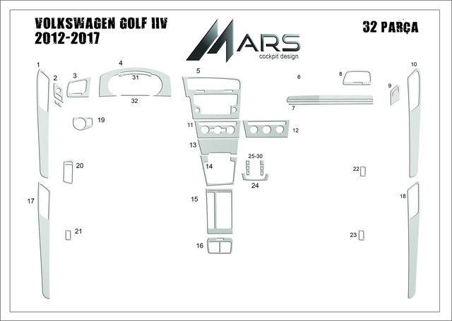 Volkswagen Golf 7 Torpido Kaplama 2012 - 2016 32 Parça Full Set Alüminyum